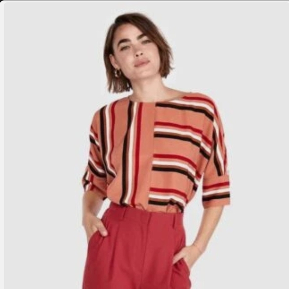 NWOT Express Orange, Black, Red & Cream Striped Blouse Tie Back, Size Medium - Picture 1 of 5